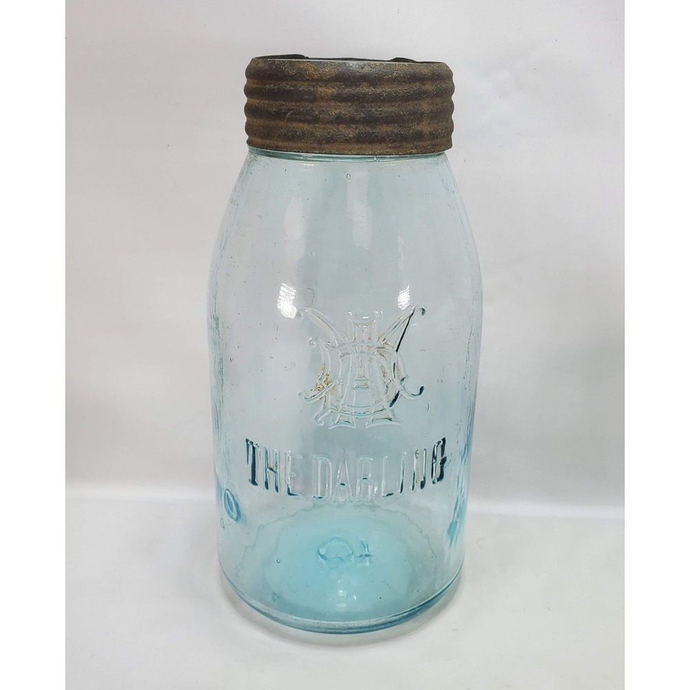 Rare Antique Aqua Glass THE DARLING Canning Jar Star David Lid Metal Band